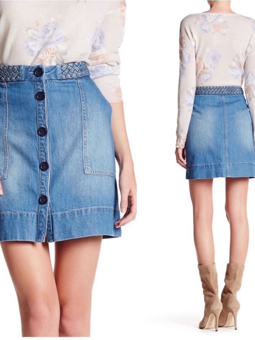 Joie Denim Button-Front A-Line Skirt with Braided Waistband